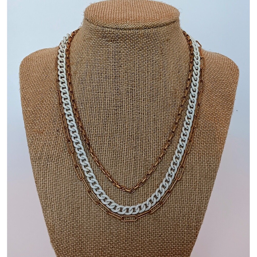 Goldtone White Enamel Triple Layer Chain Necklace 16-19 in